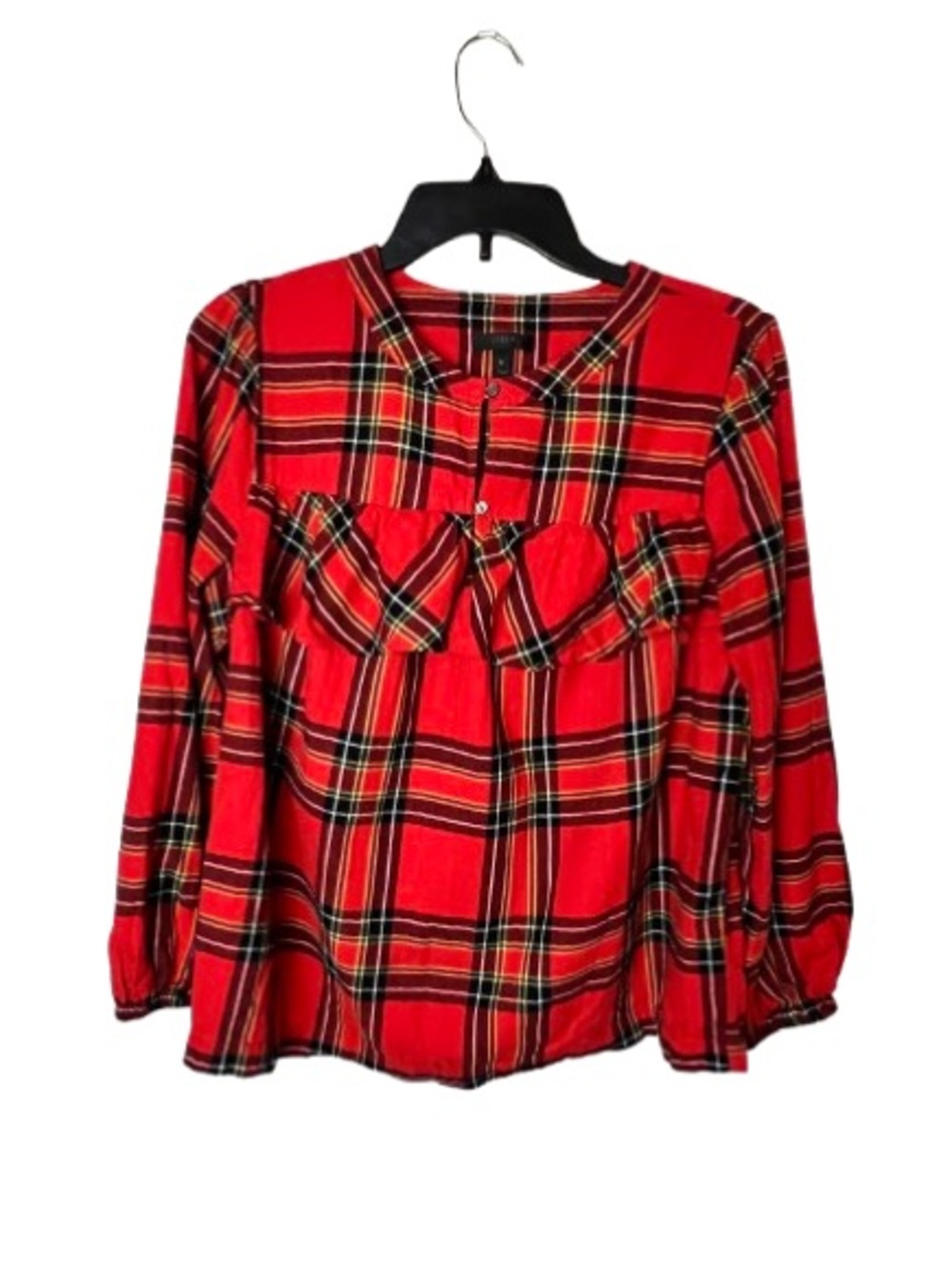 SZ M J. Crew Red Plaid Ruffle Yoke Long-Sleeve Top 100% Cotton